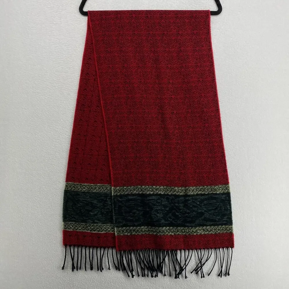 CALZEAT Scarf Wool Chenille Viking Helm Awe Celtic Fringe Trim Red Scotland